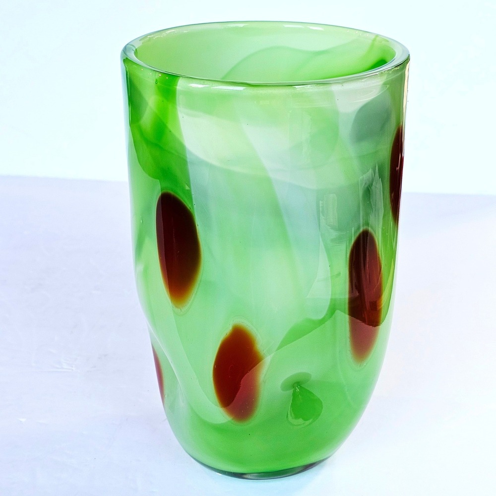 Vintage MCM Hand Blown Art Glass Vase Green Swirl Red Spotted Eclectic Artistic